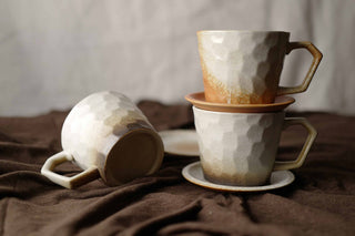 Orange shaded Cream White Ceramic Vintage Handmade Mug, 350ml, wabi-sabi stytle, 1pc with Saucer