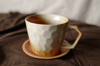 Orange shaded Cream White Ceramic Vintage Handmade Mug, 350ml, wabi-sabi stytle, 1pc with Saucer