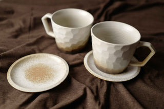 Walnut Shade Cream White Ceramic Vintage Handmade Mug, 350ml, wabi-sabi stytle, 1pc with Saucer