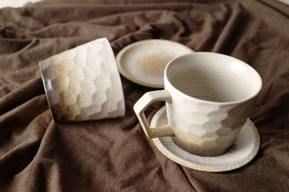 Walnut Shade Cream White Ceramic Vintage Handmade Mug, 350ml, wabi-sabi stytle, 1pc with Saucer