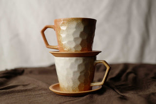 Orange shaded Cream White Ceramic Vintage Handmade Mug, 350ml, wabi-sabi stytle, 1pc with Saucer