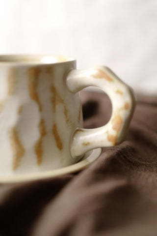 Wearing texture and Ivory White Ceramic Vintage Handmade Mug, 350ml, wabi-sabi stytle, 1pc with Saucer