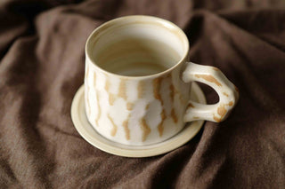 Wearing texture and Ivory White Ceramic Vintage Handmade Mug, 350ml, wabi-sabi stytle, 1pc with Saucer