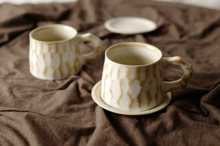 Wearing texture and Ivory White Ceramic Vintage Handmade Mug, 350ml, wabi-sabi stytle, 1pc with Saucer