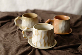 Wearing texture and Ivory White Ceramic Vintage Handmade Mug, 350ml, wabi-sabi stytle, 1pc with Saucer