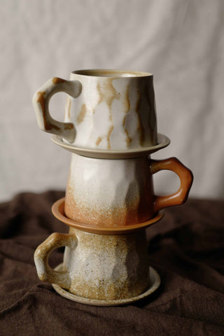 Wearing texture and Ivory White Ceramic Vintage Handmade Mug, 350ml, wabi-sabi stytle, 1pc with Saucer