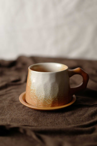 Orange Shaded Cream White Ceramic Vintage Handmade Mug, 350ml, wabi-sabi stytle, 1pc with Saucer