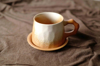 Orange Shaded Cream White Ceramic Vintage Handmade Mug, 350ml, wabi-sabi stytle, 1pc with Saucer