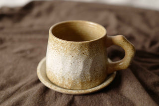 Linen Texture and Cream White Ceramic Vintage Handmade Mug, 350ml, wabi-sabi stytle, 1pc with Saucer