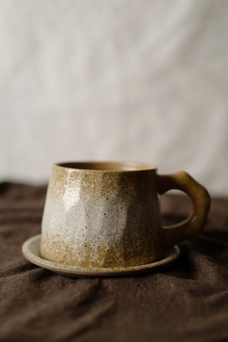 Linen Texture and Cream White Ceramic Vintage Handmade Mug, 350ml, wabi-sabi stytle, 1pc with Saucer