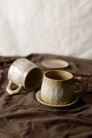 Linen Texture and Cream White Ceramic Vintage Handmade Mug, 350ml, wabi-sabi stytle, 1pc with Saucer