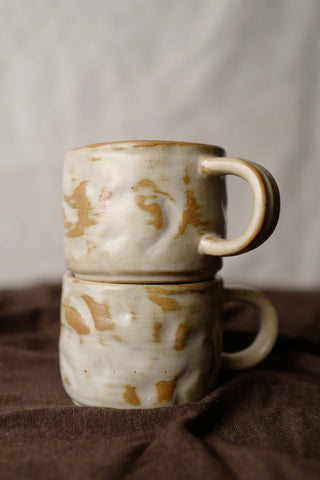 Ivory Infused with Caramel, Ceramic Vintage Handmade Mug, 270ml, wabi-sabi stytle, 1pc with saucer