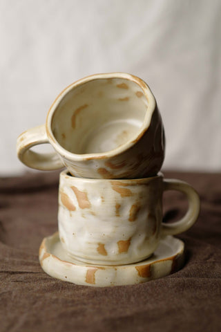 Ivory Infused with Caramel, Ceramic Vintage Handmade Mug, 270ml, wabi-sabi stytle, 1pc with saucer