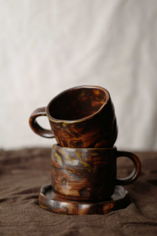 Chocolate Brown with Caramel, Ceramic Vintage Handmade Mug, 270ml, wabi-sabi stytle, 1pc with saucer