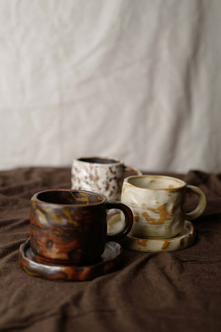 Ivory Infused with Caramel, Ceramic Vintage Handmade Mug, 270ml, wabi-sabi stytle, 1pc with saucer