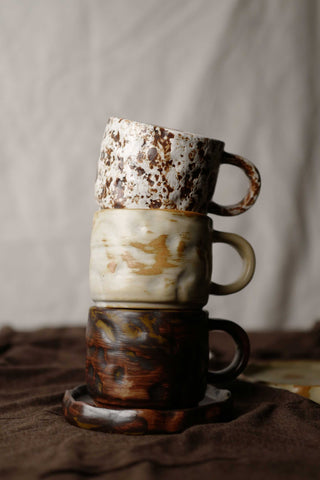 Ivory Infused with Caramel, Ceramic Vintage Handmade Mug, 270ml, wabi-sabi stytle, 1pc with saucer