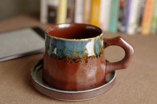 Handmade Raku Yaki Mug with Saucer: Cyan Blue Burgundy Glaze