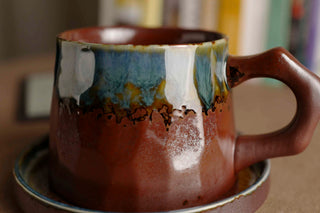 Handmade Raku Yaki Mug with Saucer: Cyan Blue Burgundy Glaze