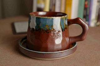 Handmade Raku Yaki Mug with Saucer: Cyan Blue Burgundy Glaze