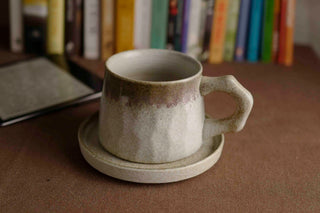 Handmade Raku Yaki Mug with Saucer: Japandi Coffee Cup