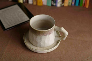 Handmade Raku Yaki Mug with Saucer: Japandi Coffee Cup