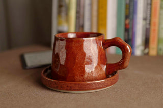 Handmade Raku Yaki Mug with Saucer: Burgundy Glaze, Japanese Pottery