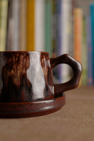 Handmade Raku Yaki Mug with Saucer: Burgundy Glaze, Japanese Pottery
