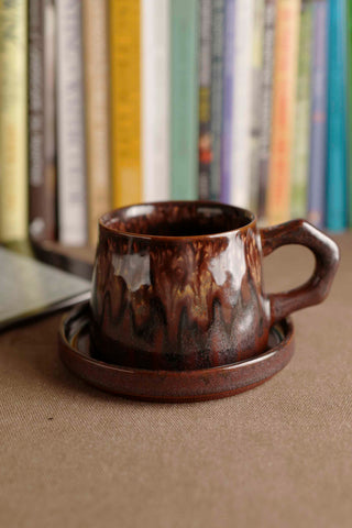 Handmade Raku Yaki Mug with Saucer: Burgundy Glaze, Japanese Pottery