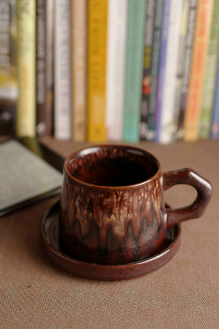 Handmade Raku Yaki Mug with Saucer: Burgundy Glaze, Japanese Pottery
