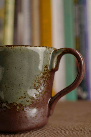 Handmade Ceramic Mug with Green and Brown Glaze – Stoneware Coffee and Tea Cup – Wabi-Sabi Japandi Pottery Gift for Minimalist Home