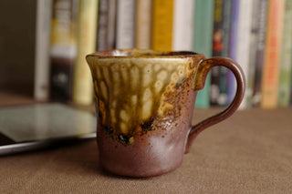 Handmade Ceramic Mug with Drip Glaze – Brown and Caramel Stoneware Coffee Cup – Rustic Wabi-Sabi Japandi Pottery Gift for Art Lovers