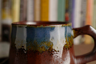 Handmade Raku Yaki Mug with Saucer: Cyan Blue Burgundy Glaze