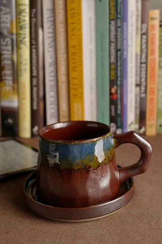 Handmade Raku Yaki Mug with Saucer: Cyan Blue Burgundy Glaze
