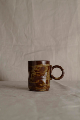 Handmade Ceramic Espresso coffee Mug - Caramel Marbled Glazed – Stoneware Raku Ware Cup with Round Handle – Wabi-Sabi Japanese Pottery Gift
