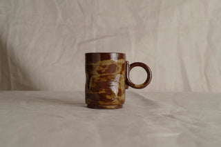 Handmade Ceramic Espresso coffee Mug - Caramel Marbled Glazed – Stoneware Raku Ware Cup with Round Handle – Wabi-Sabi Japanese Pottery Gift
