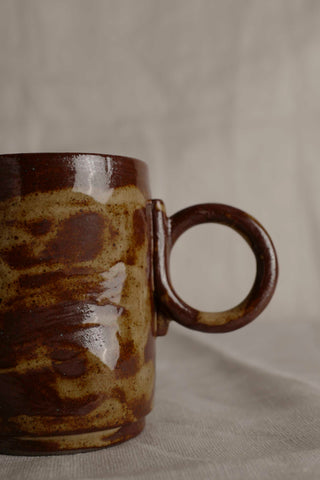 Handmade Ceramic Espresso coffee Mug - Caramel Marbled Glazed – Stoneware Raku Ware Cup with Round Handle – Wabi-Sabi Japanese Pottery Gift