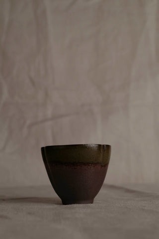 Handmade Rustic Dark Brown Ceramic Cup, Olive Rim Glaze – Small Stoneware Espresso Coffee Tea or Sake Cup WabiSabi Japandi Pottery Gift 90ml