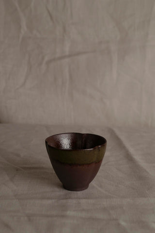 Handmade Rustic Dark Brown Ceramic Cup, Olive Rim Glaze – Small Stoneware Espresso Coffee Tea or Sake Cup WabiSabi Japandi Pottery Gift 90ml