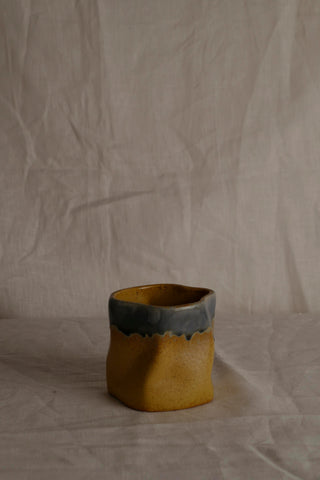 Handmade Ceramic Cup with Blue and Caramel Glaze – Irregular Stoneware Tea Coffee Cup – Wabi-Sabi Japandi Pottery Gift for Minimalist Home