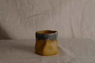 Handmade Ceramic Cup with Blue and Caramel Glaze – Irregular Stoneware Tea Coffee Cup – Wabi-Sabi Japandi Pottery Gift for Minimalist Home