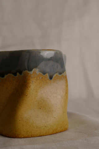 Handmade Ceramic Cup with Blue and Caramel Glaze – Irregular Stoneware Tea Coffee Cup – Wabi-Sabi Japandi Pottery Gift for Minimalist Home