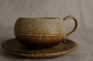 Handmade Raku Yaki Mug with Saucer: Japandi Espresso Cup