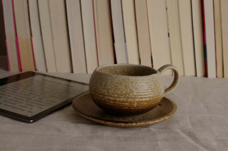 Handmade Raku Yaki Mug with Saucer: Japandi Espresso Cup