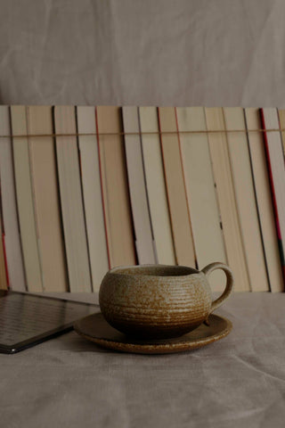 Handmade Raku Yaki Mug with Saucer: Japandi Espresso Cup