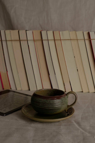 Handmade Raku Yaki Mug with Saucer: Japandi Espresso Cup