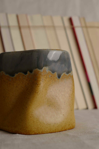 Handmade Ceramic Cup with Blue and Caramel Glaze – Irregular Stoneware Tea Coffee Cup – Wabi-Sabi Japandi Pottery Gift for Minimalist Home