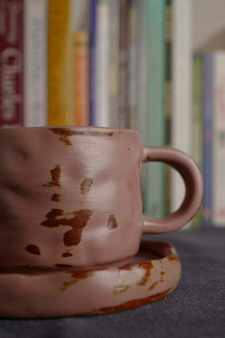 Handmade Raku Yaki Mug with Saucer: Pink Stoneware Coffee Cup