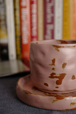 Handmade Raku Yaki Mug with Saucer: Pink Stoneware Coffee Cup
