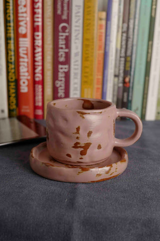 Handmade Raku Yaki Mug with Saucer: Pink Stoneware Coffee Cup