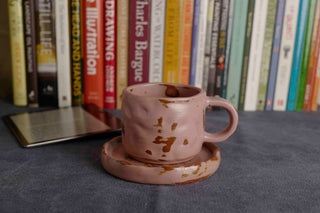 Handmade Raku Yaki Mug with Saucer: Pink Stoneware Coffee Cup